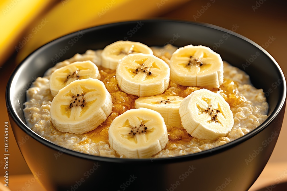 Minimalist abstract of a bowl of oatmeal with sliced bananas, symbolizing a steady-energy breakfast Minimalist abstract of a bowl of oatmeal with sliced bananas, symbolizing a steady-energy breakfast