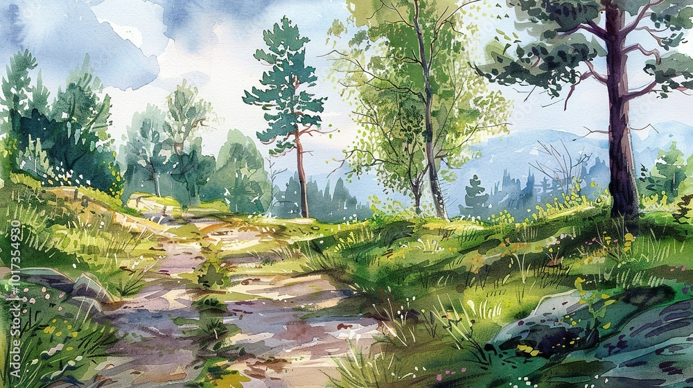 Obraz premium Summer Landscape Illustrated in Beautiful Watercolor Drawings