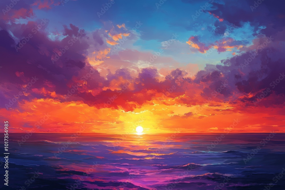 Colorful sunset over a vast ocean with a warm glow and painted brushstrokes. Colorful sunset over a vast ocean with a warm glow and painted brushstrokes.