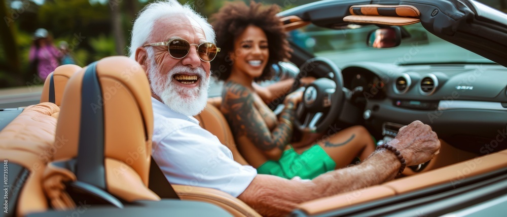 Obraz premium Happy people enjoying a ride in a convertible. AI.