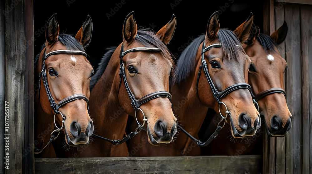 Four horses with bridles peering out from a stable. Four horses with bridles peering out from a stable.