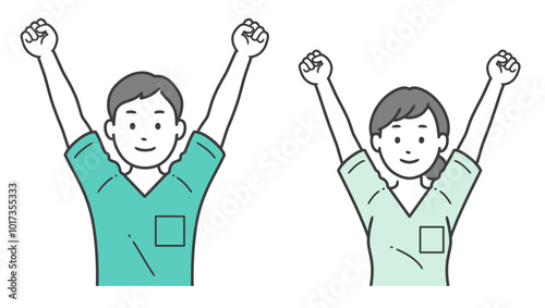 両手でガッツポーズをする歯科医男女の上半身イラスト