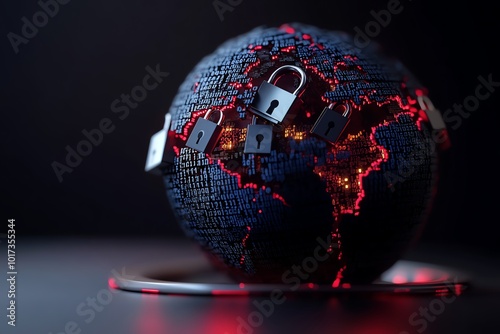 Minimalist abstract of a globe with digital locks breaking open, symbolizing global hacktivist efforts to free information photo