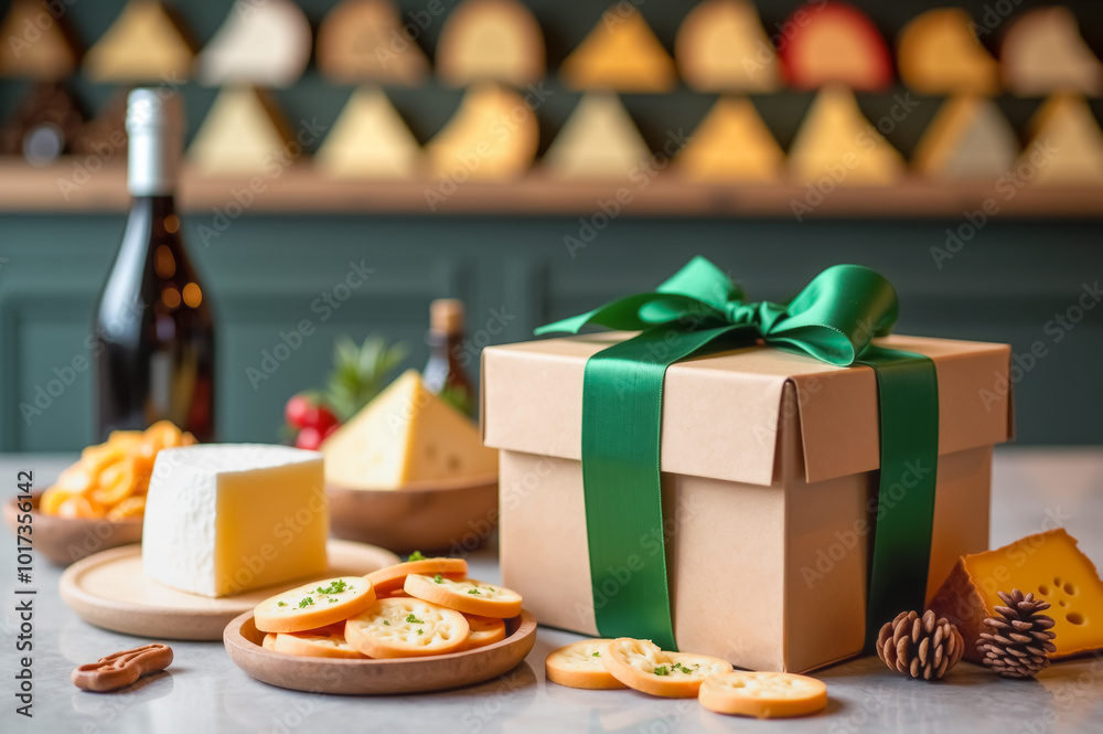 Holiday Gift Box with Green Ribbon Surrounded by Cheese and Wine Display Holiday Gift Box with Green Ribbon Surrounded by Cheese and Wine Display