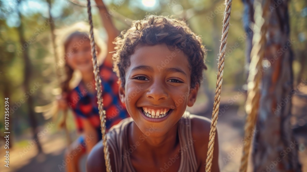 A young boy smiles brightly as he swings on a rope swing. AI. A young boy smiles brightly as he swings on a rope swing. AI.
