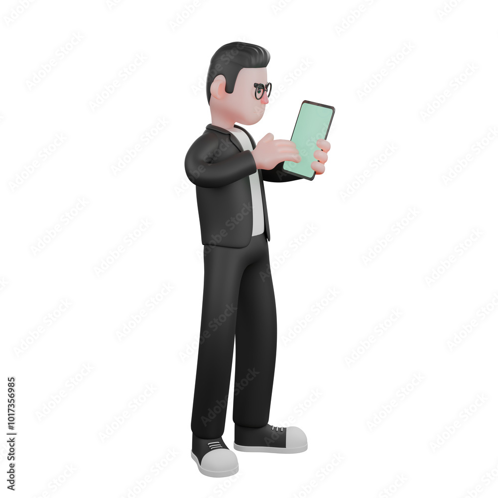 Male Editor in 3D Professional Media. A male editor stands while operating a tablet. Cartoon Male Editor in 3D Professional Media. A male editor stands while operating a tablet. Cartoon