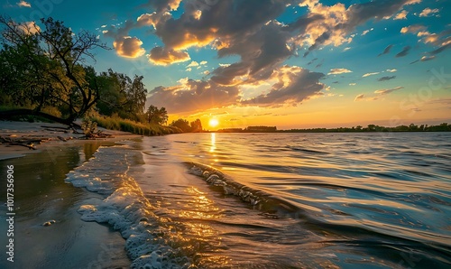 Fototapeta Naklejka Na Ścianę i Meble -  Sunset at the river coast. Sunset on the beach of the Baltic Sea