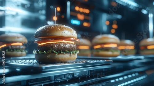 Fototapeta Naklejka Na Ścianę i Meble -  Advanced robotic burger maker automating the food process in a sleek futuristic fast food restaurant kitchen  Showcasing the of cutting edge technology and intelligence in the culinary industry