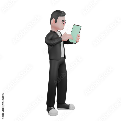 Male Editor in 3D Professional Media. A male editor stands while operating a tablet. Cartoon