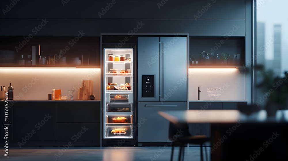 Innovative smart refrigerator equipped with technology and holographic food recommendation system revolutionizing the modern kitchen and home organization Innovative smart refrigerator equipped with technology and holographic food recommendation system revolutionizing the modern kitchen and home organization