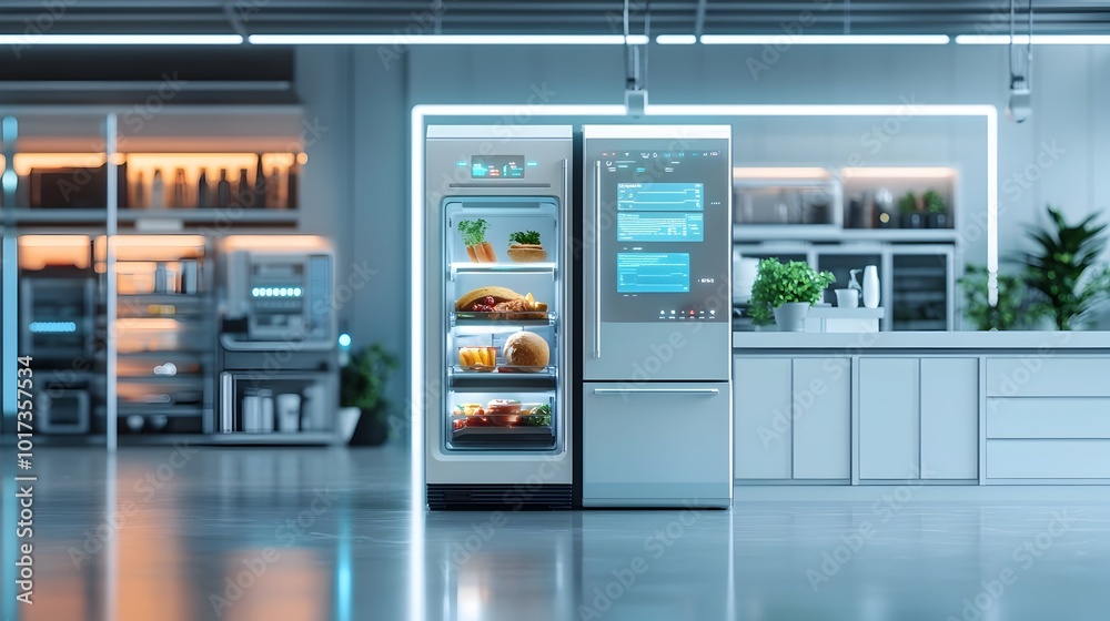 Innovative smart refrigerator with advanced technology offering holographic food recommendations and intelligent inventory management for a seamless and efficient kitchen experience in a modern Innovative smart refrigerator with advanced technology offering holographic food recommendations and intelligent inventory management for a seamless and efficient kitchen experience in a modern
