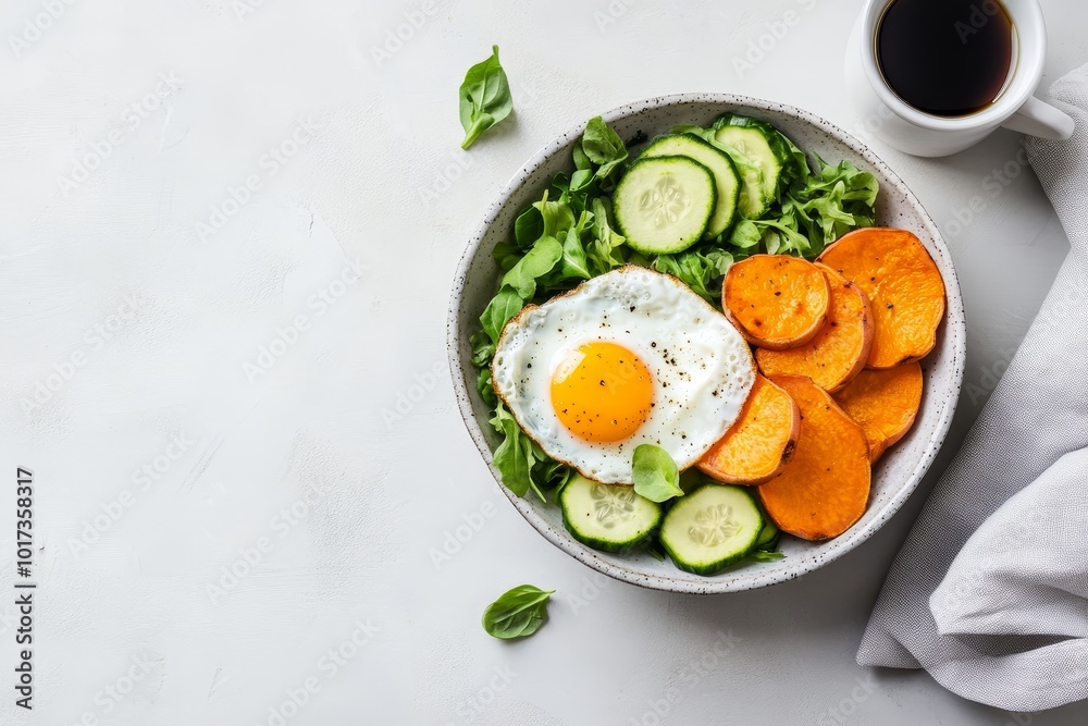 A healthy breakfast bowl with a fried egg, cucumber, sweet potato and greens. A healthy breakfast bowl with a fried egg, cucumber, sweet potato and greens.