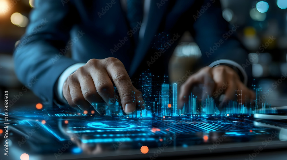 Hands interacting with a digital interface displaying data analytics. Hands interacting with a digital interface displaying data analytics.