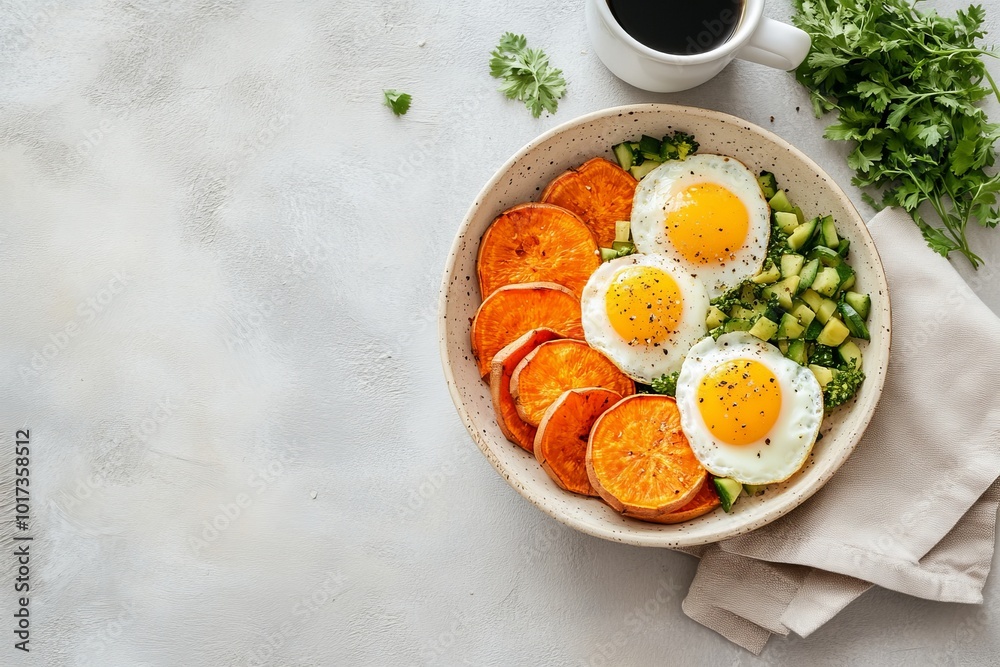 custom made wallpaper toronto digitalA healthy breakfast bowl with sweet potato, eggs, and cucumber on a white table.