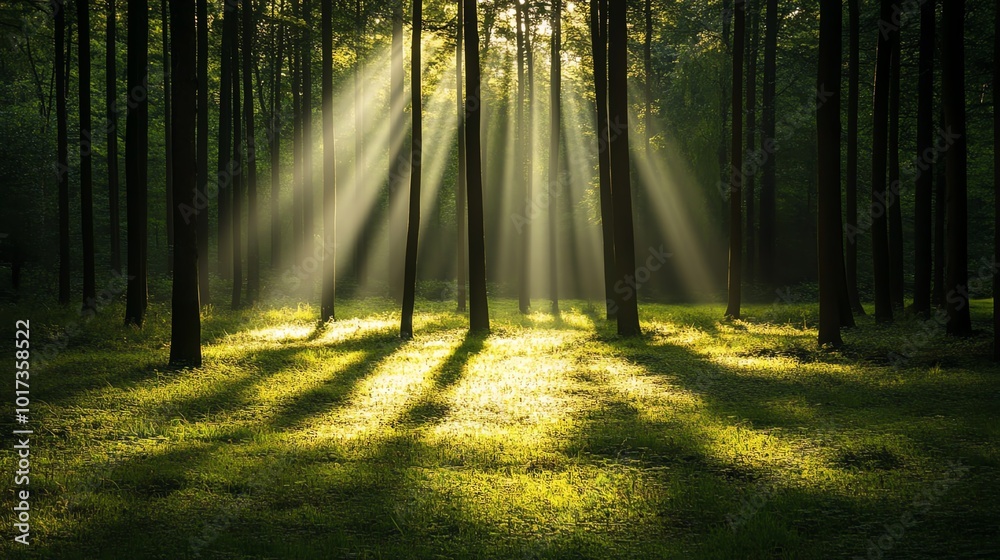 Fototapeta premium A tranquil forest scene illuminated by sunlight, casting beautiful shadows on the lush green grass. Perfect for nature enthusiasts.