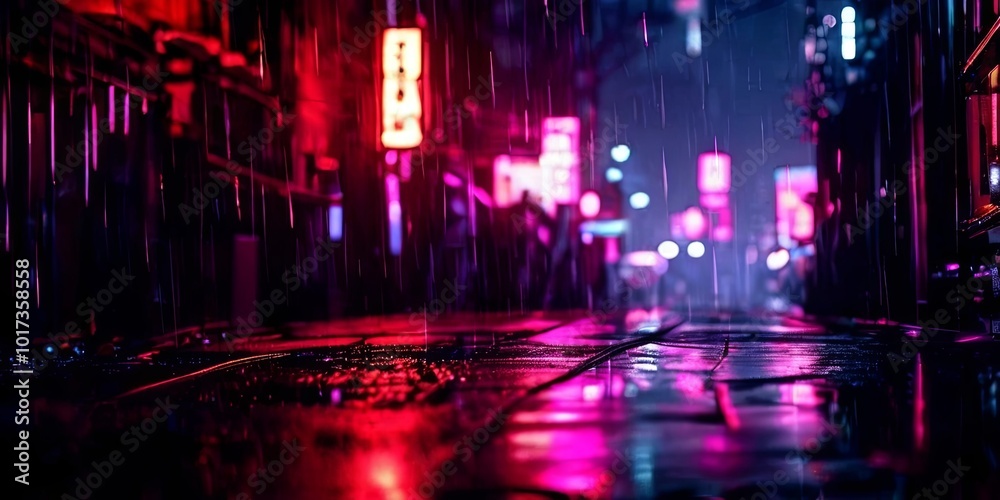 Fototapeta premium A city street at night with neon signs and rain