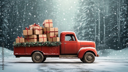 A vintage red truck loaded with festive gifts drives through a snowy forest, creating a magical winter scene.