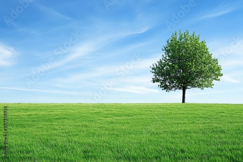 A single green tree standing tall on a vast green field, with a bright blue sky and white clouds in the background.