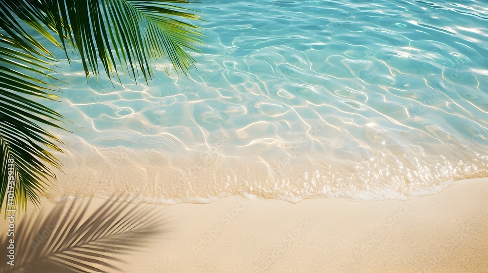 Serene tropical beach scene with ethereal palm leaf shadows cast on the golden sand and transparent water with gentle ripples creating a calming and soothing background for travel wellness Serene tropical beach scene with ethereal palm leaf shadows cast on the golden sand and transparent water with gentle ripples creating a calming and soothing background for travel wellness