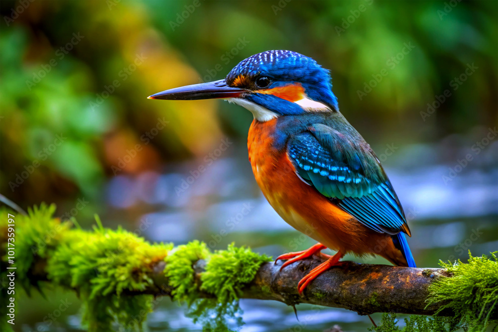 Fototapeta premium Kingfisher perching on a branch. Image of common kingfisher (Alcedo atthis)