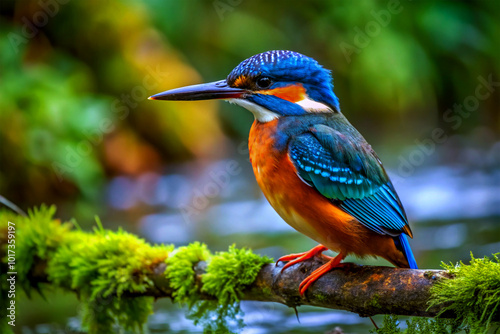 Kingfisher perching on a branch. Image of common kingfisher (Alcedo atthis)