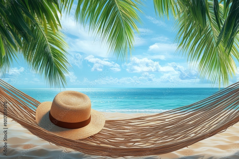 Obraz premium A straw hat resting on a hammock with a view of the ocean.
