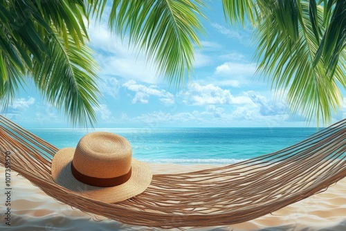A straw hat resting on a hammock with a view of the ocean.