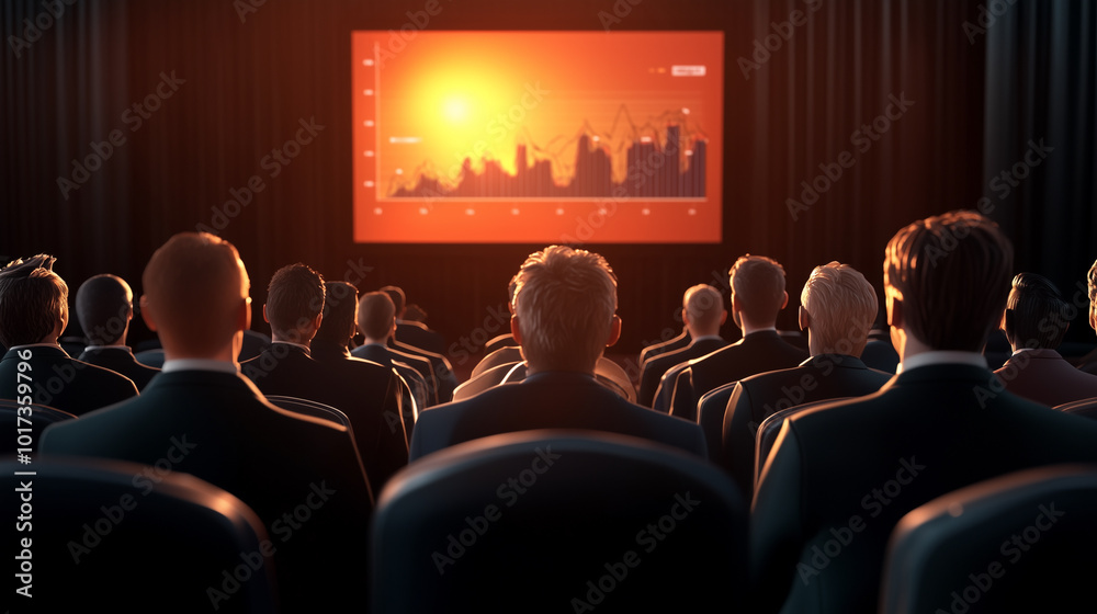 group of business professionals attentively watching presentation on large screen displaying financial graphs and data, illuminated by warm sunset glow group of business professionals attentively watching presentation on large screen displaying financial graphs and data, illuminated by warm sunset glow