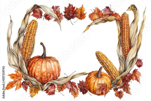 A beautiful autumn frame featuring pumpkins, corn, and colorful leaves, perfect for seasonal decoration and fall-themed projects.