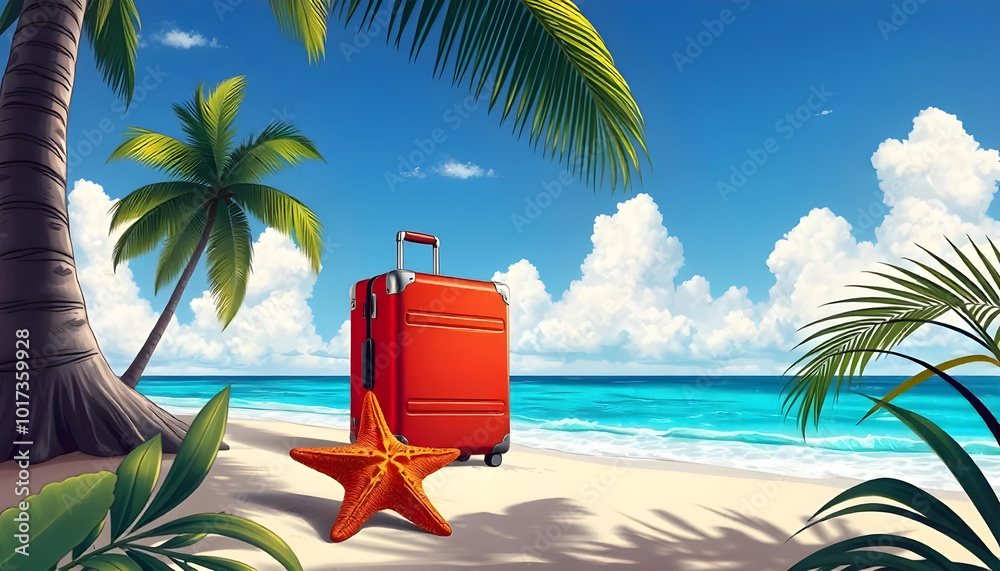 Fototapeta premium red suitcas beach tropical palm