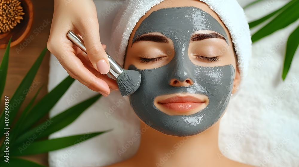 Cosmetologist carefully applying a grey clay mask on a young woman s face as the client lies back with relaxed closed eyes in a serene salon setting Cosmetologist carefully applying a grey clay mask on a young woman s face as the client lies back with relaxed closed eyes in a serene salon setting
