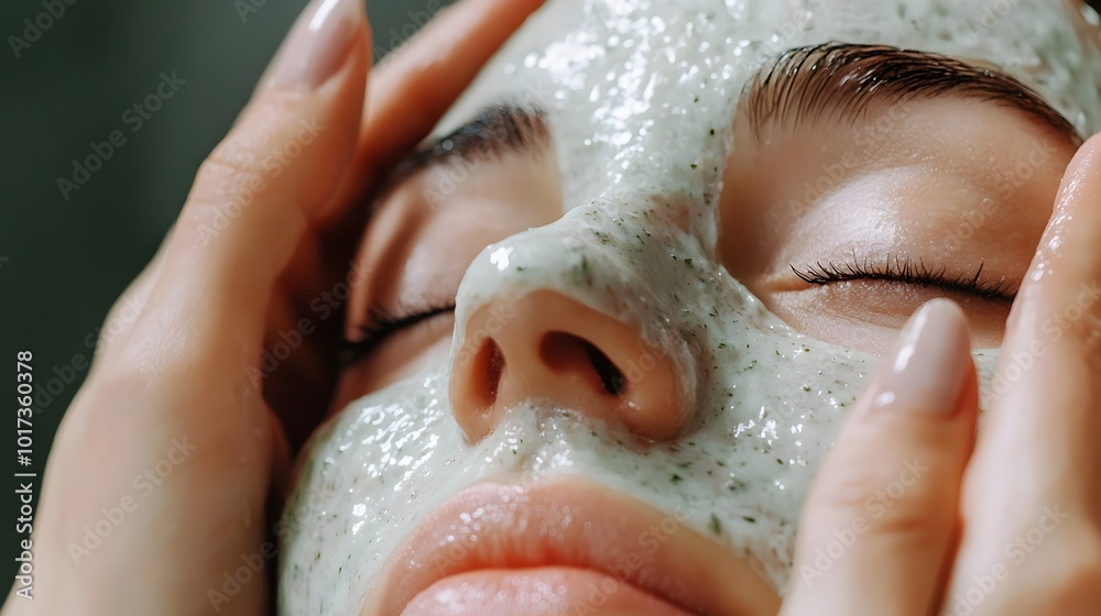 Obraz premium Closeup of facial care routine Young woman receiving peeling mask treatment hands of cosmetologist at work in peaceful relaxing spa salon setting Beauty skincare and self care concept