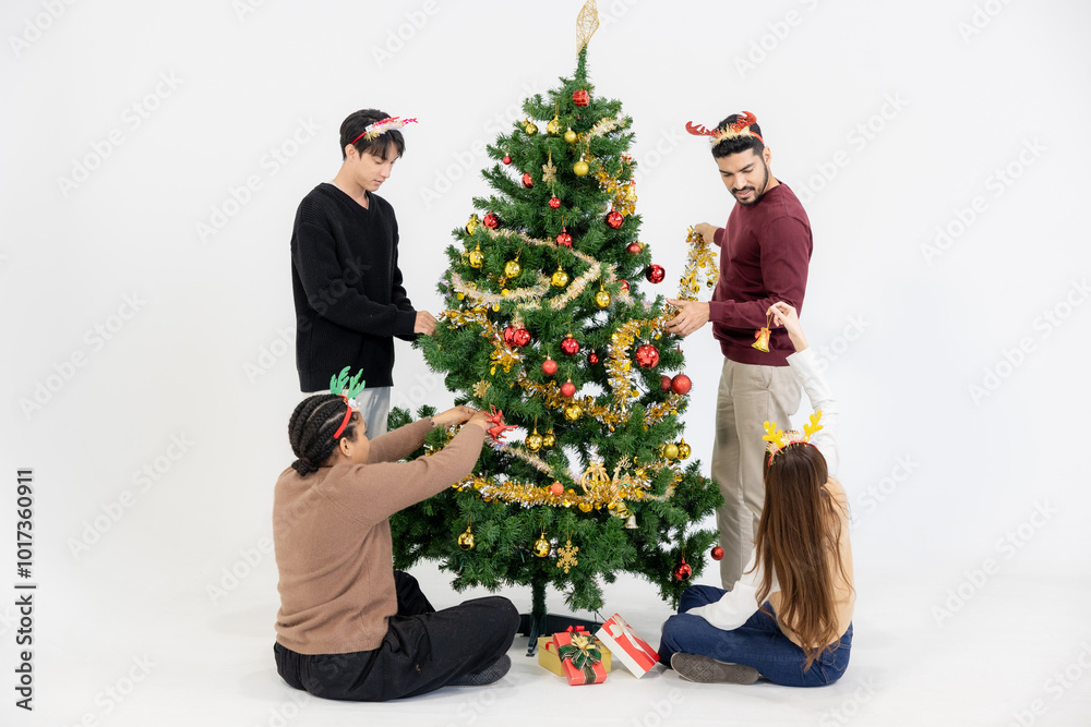 Group of Asian and African friends decorating Christmas tree together, capturing the festive spirit in a warm white background scene of joy, togetherness, and cultural diversity Group of Asian and African friends decorating Christmas tree together, capturing the festive spirit in a warm white background scene of joy, togetherness, and cultural diversity