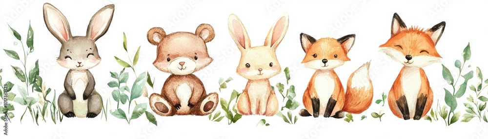 Charming woodland animals including a rabbit, bear, bunny, fox, and foliage, perfect for children's decor and nature themes. Charming woodland animals including a rabbit, bear, bunny, fox, and foliage, perfect for children's decor and nature themes.