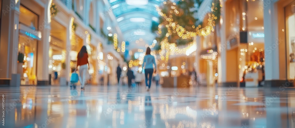 Blurred background of a luxury shopping mall with people walking, a shopping center interior with showcases and an entrance door in blurred motion. Blurred background of a luxury shopping mall with people walking, a shopping center interior with showcases and an entrance door in blurred motion.