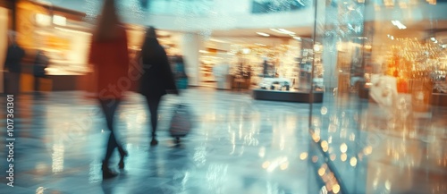 Blurred background of a luxury shopping mall with people walking, a shopping center interior with showcases and an entrance door in blurred motion. 