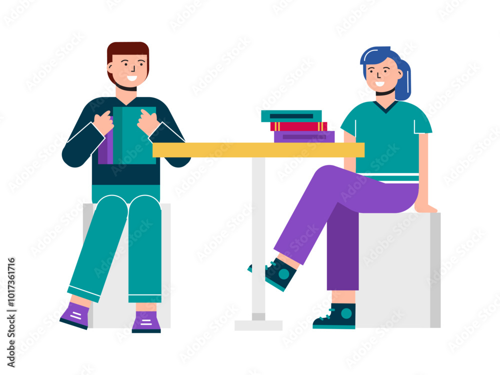 Student discussing on campus. Campus illustrations. Flat vector illustration. Student discussing on campus. Campus illustrations. Flat vector illustration.