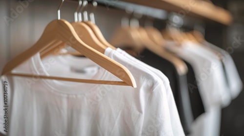 Close-Up of white clothes hanging on rack.
 photo