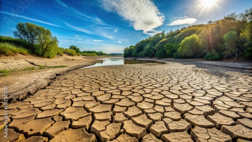 Cracked and parched earth in dry riverbed during hot summer drought, arid, weather, climate change, environment, cracked, dry, river