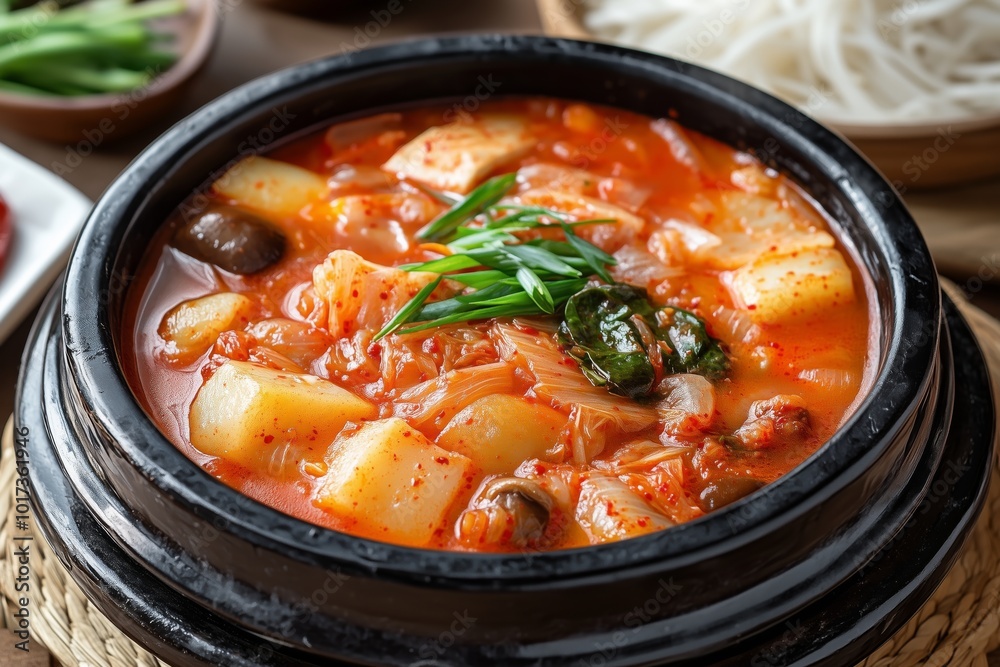 A vibrant Korean stew filled with kimchi, tofu, potatoes, and mushrooms. Spicy and flavorful culinary experience concept A vibrant Korean stew filled with kimchi, tofu, potatoes, and mushrooms. Spicy and flavorful culinary experience concept