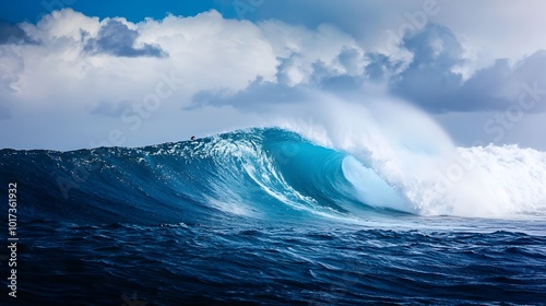 Windsurfer Catching Wave in Vibrant Blue Ocean with Dramatic Clouds in the Background Intense Wind and Motion Creating an Exhilarating Outdoor Adventure Scene