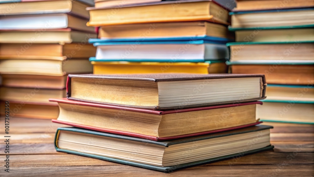 Hardcover book lying on a stack of other books, education, reading, literature, bookstore, library, studying, knowledge Hardcover book lying on a stack of other books, education, reading, literature, bookstore, library, studying, knowledge