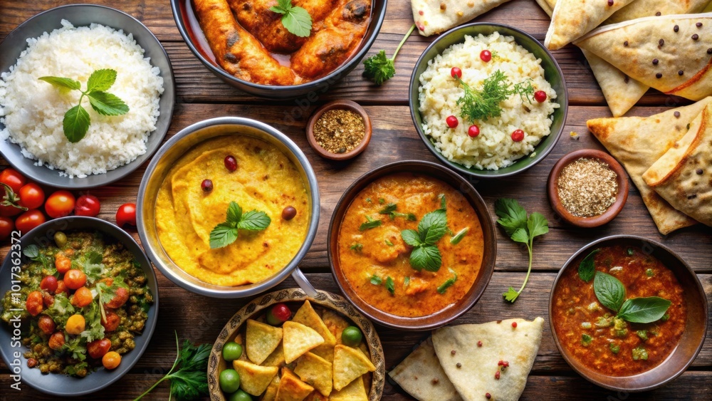 Composition of various colorful Indian dishes including curry, rice, naan bread, and samosas, Indian, dishes, curry, rice, naan Composition of various colorful Indian dishes including curry, rice, naan bread, and samosas, Indian, dishes, curry, rice, naan
