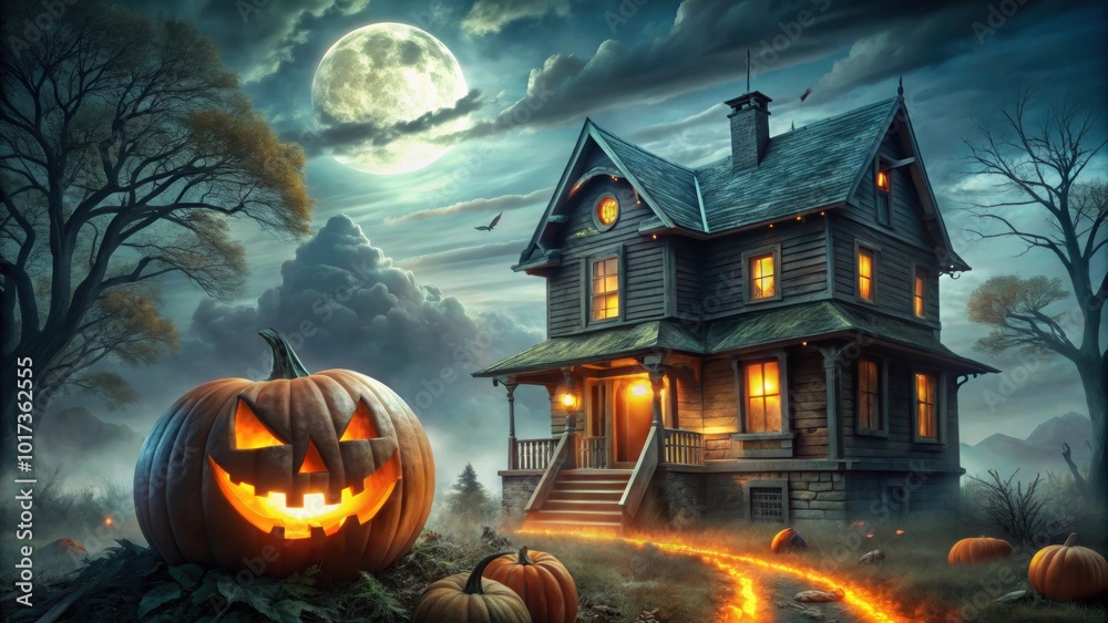 Eerie haunted house with glowing orange lights Eerie haunted house with glowing orange lights