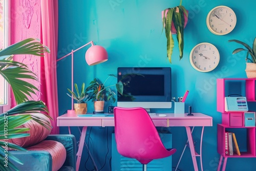 Elevate your productivity with this vibrant photo of a pink and blue workspace. Bold color combinations, sleek furniture, and playful decor
