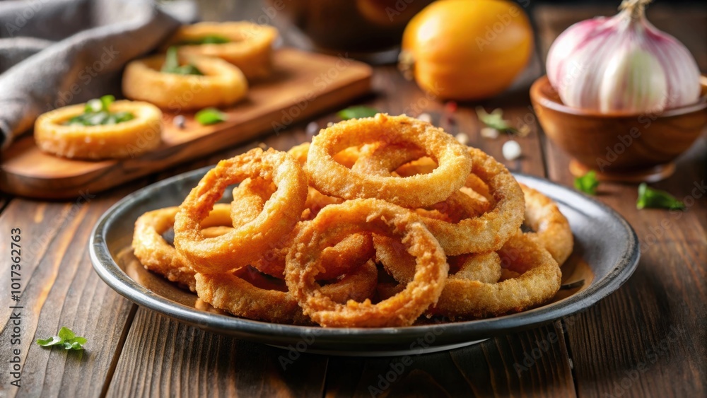Crispy golden onion rings on a plate , Deep fried, appetizer, crunchy, fried food, side dish, savory, batter Crispy golden onion rings on a plate , Deep fried, appetizer, crunchy, fried food, side dish, savory, batter