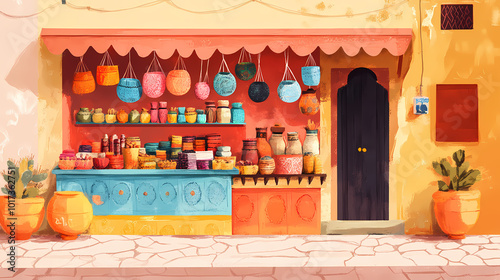 A street vendor selling handmade crafts from a colorful market stall, showcasing unique and artisanal items. Moroccan Souk. Illustration