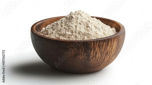 beige powder in a bowl isolated against a white background showcasing its fine texture and natural appeal this simple yet elegant composition emphasizes purity and culinary potential