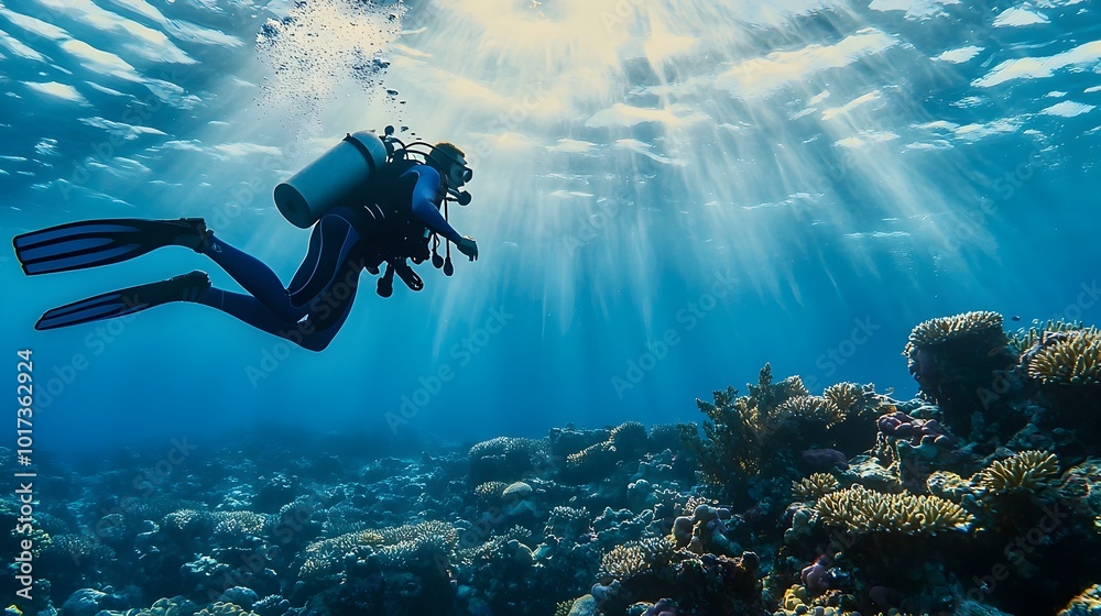 Scuba diver swimming amid a lush and colorful coral reef surrounded by diverse marine life and bubbles rising with sunlight beautifully filtering through the clear blue water Scuba diver swimming amid a lush and colorful coral reef surrounded by diverse marine life and bubbles rising with sunlight beautifully filtering through the clear blue water