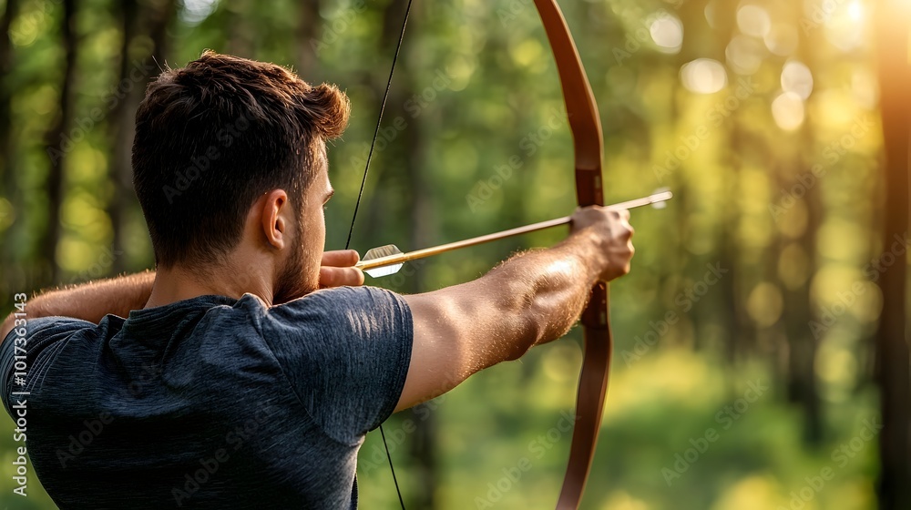 Archery Athlete Drawing Bow and Carefully Aiming Arrow at Distant Target with Intense in Outdoor Setting with Sun Filtering Through Trees Archery Athlete Drawing Bow and Carefully Aiming Arrow at Distant Target with Intense in Outdoor Setting with Sun Filtering Through Trees